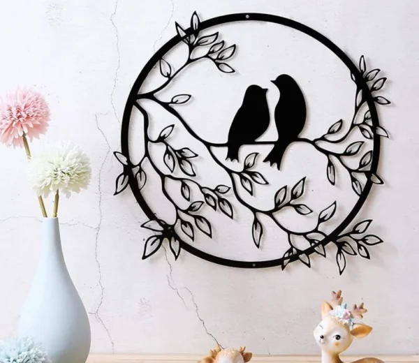 Elegant Two Bird Loving on Tree Branch Metal Wall Art