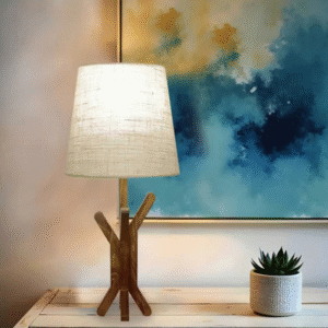 Wooden Table Lamp with Brown Base and Premium White Fabric Lampshade
