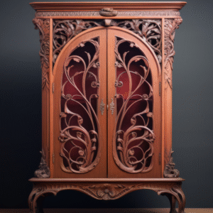 Handcrafted Art Nouveau Wooden Display Cabinet with Ornate Detailing