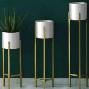 Modern Metal Plant Stands with White Planters – Set of 3