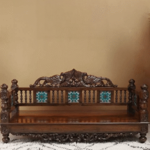 Hand-Carved Solid Wood Heritage Sofa with Ornate Detailing and Ceramic Inlays