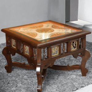 Handcrafted Wooden Center Table with Intricate Tile Inlay and Carved Detailing