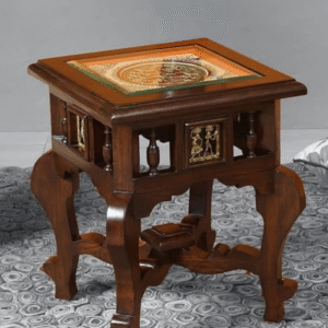 Handcrafted Wooden Side Table with Artistic Tile Inlay and Carved Accents