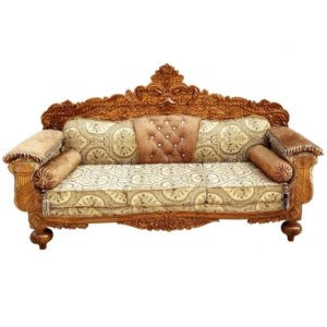 Regal Hand-Carved Wooden Sofa with Ornate Detailing and Plush Upholstery