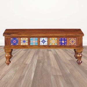 Handcrafted Wooden Bench with Vibrant Ceramic Tile Accents