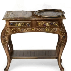 Hand-Carved Wooden Console Table with Intricate Floral Inlay