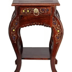 Hand-Carved Wooden Side Table with Drawer and Floral Inlays