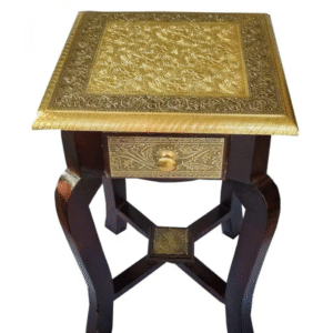 Handcrafted Wooden Side Table with Intricate Brass Inlay Work