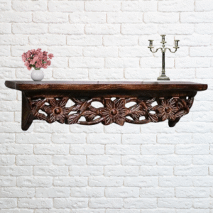 Handcrafted Floral Carved Wooden Wall Shelf – Rustic Elegant Decor