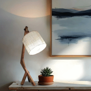 Emphasis Wooden Table Lamp with Brown Base and Yellow Fabric Lampshade