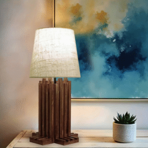 Palisade Brown Wooden Table Lamp with White Fabric Lampshade