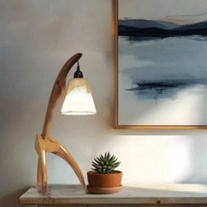 Species Brown Wooden Table Lamp with White Jute Lampshade