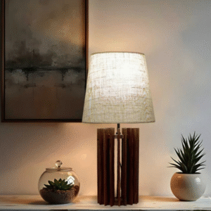 Ventus Brown Wooden Table Lamp with Fabric Lampshade