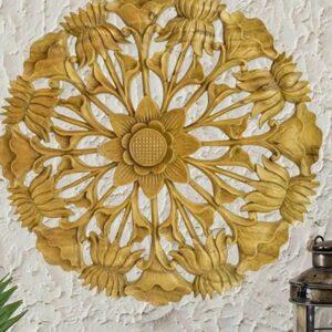 Lotus Hand Carved Yellow Wooden Wall Panel
